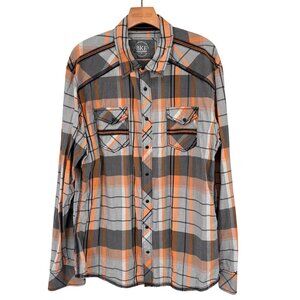 BKE Athletic Fit Plaid snap western Shirt XL Gray & Orange Long Sleeve Cotton